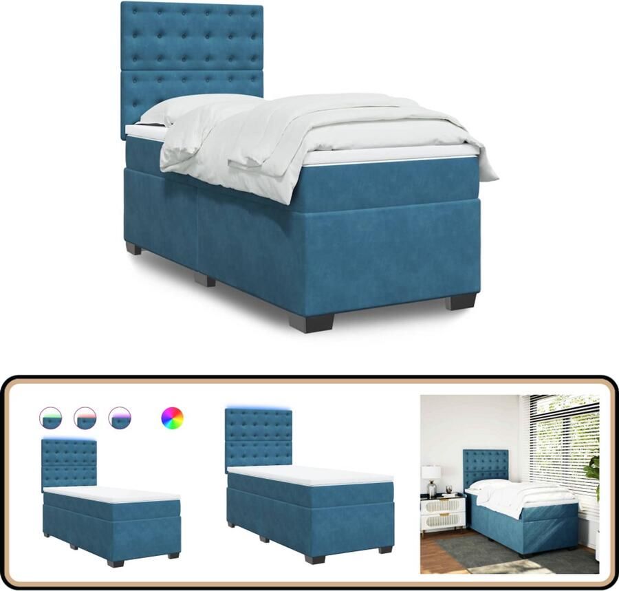 VidaXL Boxspring Fluweel Blauw 90x200 cm Inclusief Matras Boxspringbed Tweepersoonsbed Velvet Bed Blauw Bed Led Bed