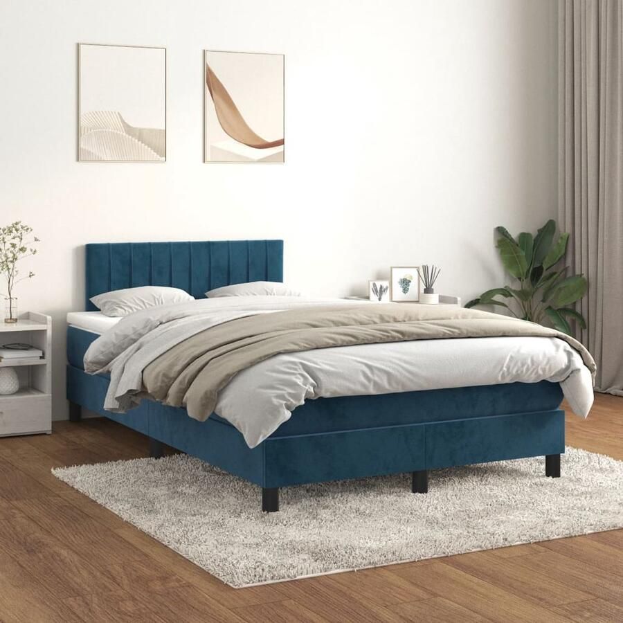 VidaXL Boxspring Fluweel Donkerblauw 120x200 cm Boxspring Donkere Kleuren Velvet Bed Verstelbare Hoofdbord Pocketveer Matras Middelhard Matras Tweepersoonsbed - Foto 2