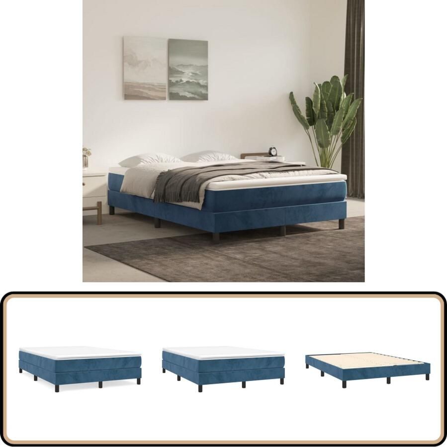 VidaXL Boxspring Fluweel Donkerblauw 140x190 cm Boxspring Fluweel Bed Donkere Kleuren Tweepersoonsbed Boxspring Frame Pocketveer Matras Middenhard