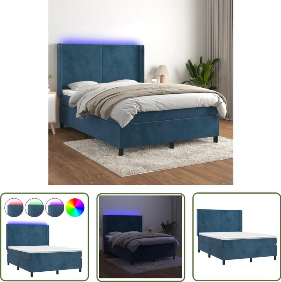 VidaXL Boxspring Fluweel Donkerblauw 140x190 cm Boxspring Led Boxspring Fluweel Bed Blauw Bed Tweepersoons Bed Slaapcomfort