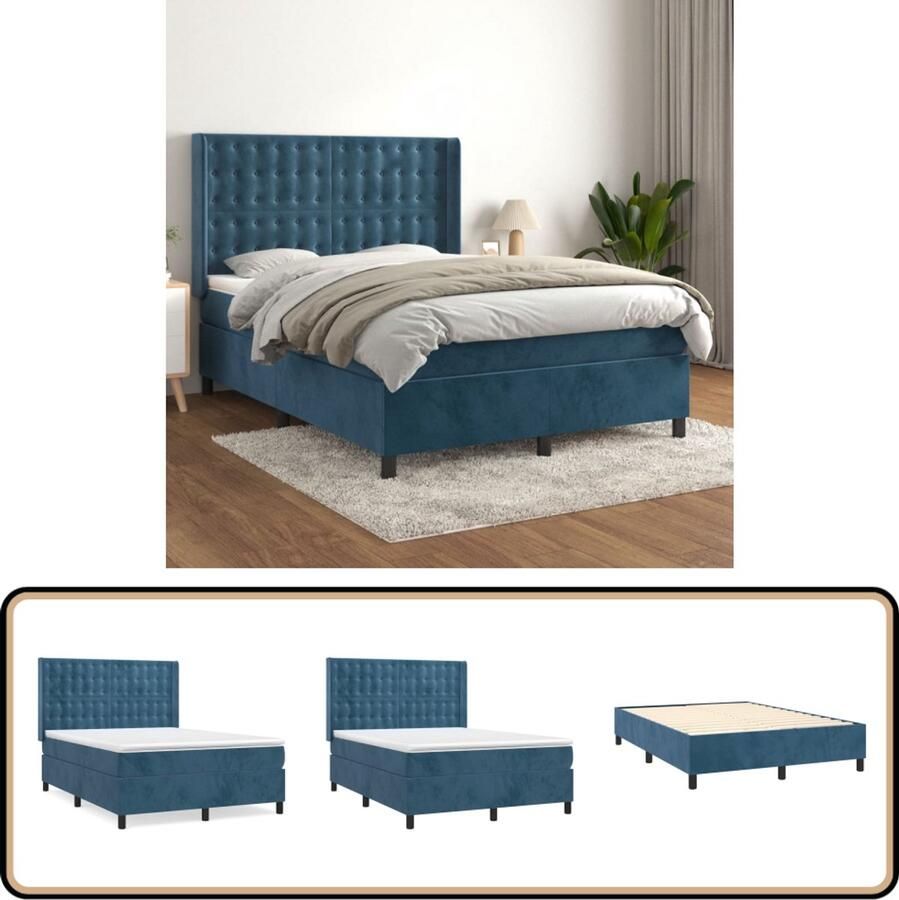 VidaXL Boxspring Fluweel Donkerblauw 140x190 cm Boxspringbed Donkere Kleuren Velvet Bed Tweepersoons Bed Verstelbare Hoofdbord