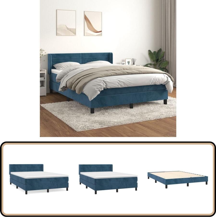 VidaXL Boxspring Fluweel Donkerblauw 140x190 cm Boxspringbed Velvet Bed Dark Blue Bed Tweepersoonsbed King Size Bed Pocketveer Matras Medium Firm Mattress