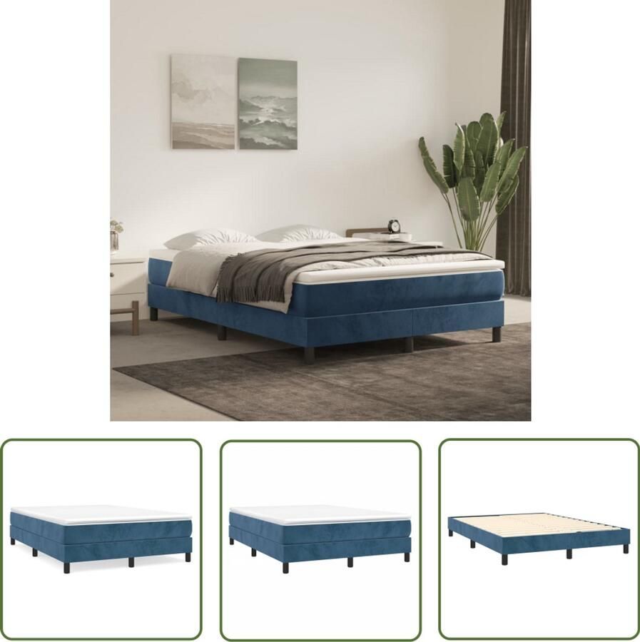 The Living Store Boxspring Bed Fluweel Pocketvering Middelharde ondersteuning Huidvriendelijk Multiplex lattenbodem Donkerblauw 203x140x25 cm Boxspring Boxsprings Tweepersoonsbed Donkere Kleuren Velvet Bed