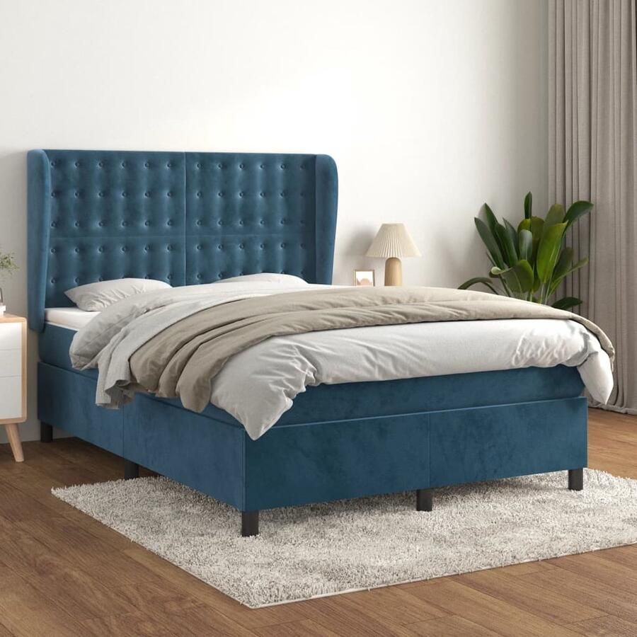 VidaXL Boxspring Fluweel Donkerblauw 140x200 cm Boxspringbed Donkere Kleuren Velvet Bed Tweepersoons Bed Pocketveer Matras Middenhard Matras - Foto 2