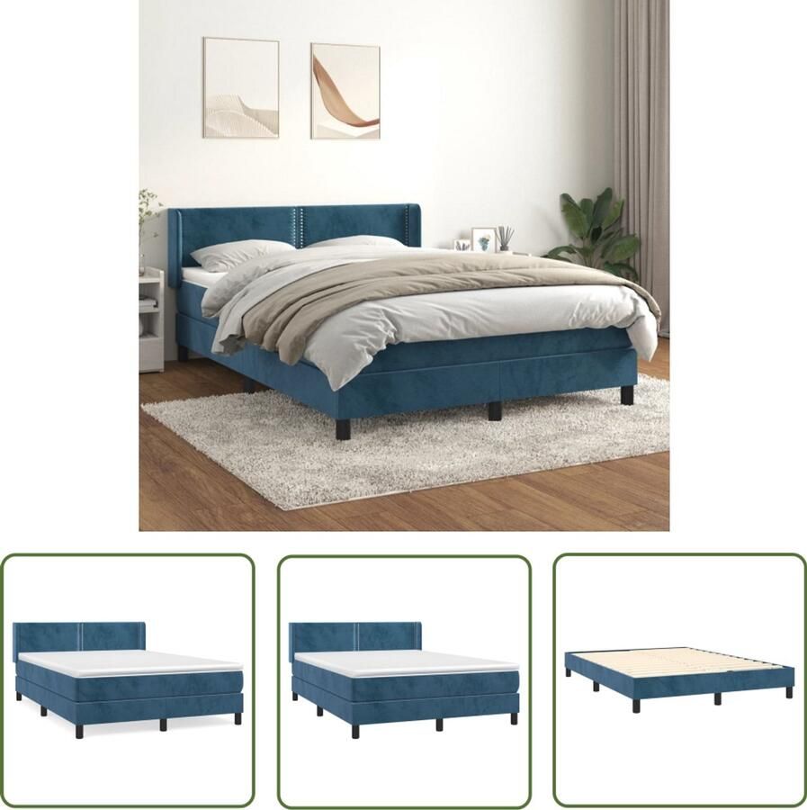 VidaXL Boxspring Fluweel Donkerblauw 140x200 cm Boxspringbed Donkere Kleuren Velvet Bed Tweepersoons Bed Pocketveer Matras Luxe Bed
