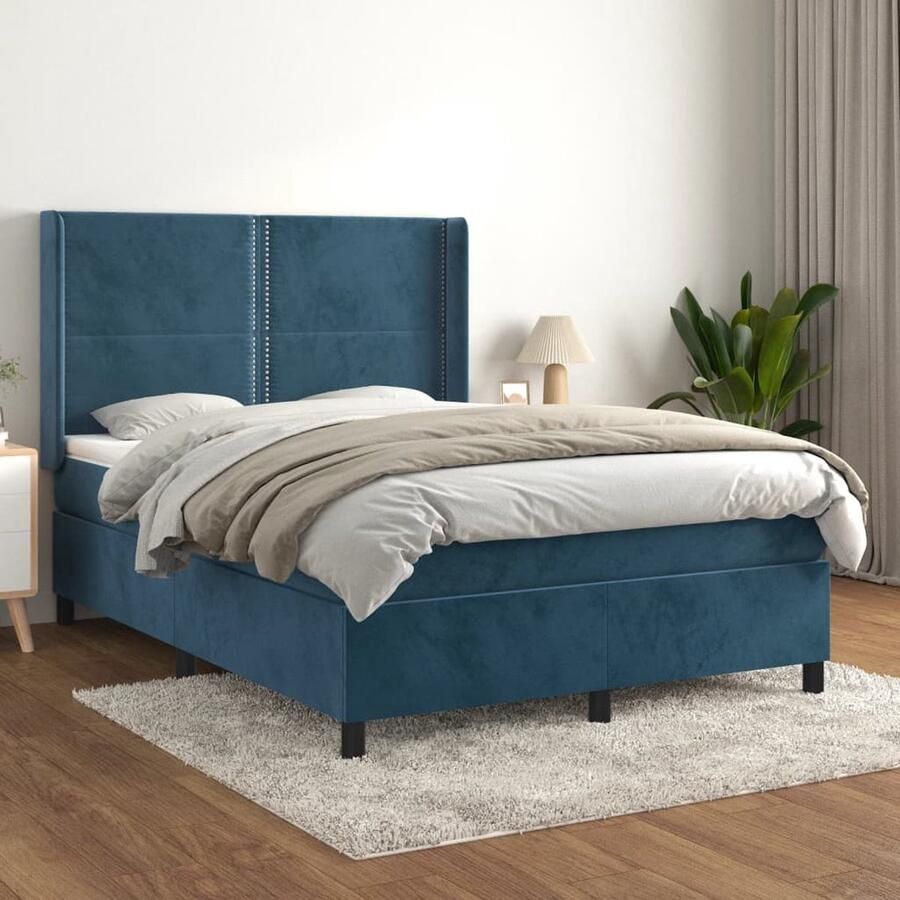 VidaXL Boxspring Fluweel Donkerblauw 140x200 cm Boxspringbed Fluweel Bed Donkere Blauwe Bedden Tweepersoons Bed Pocketveer Matras Middelhard Matras Boxspring - Foto 4
