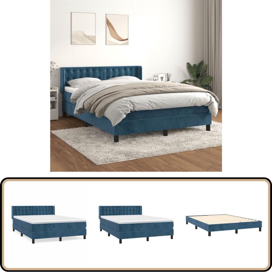 VidaXL Boxspring Fluweel Donkerblauw 140x200 cm Boxspringbed Fluweel Bed Donkere Blauwe Bedden Tweepersoons Bed Pocketveer Matras Middelhard Matras Boxspring - Foto 3