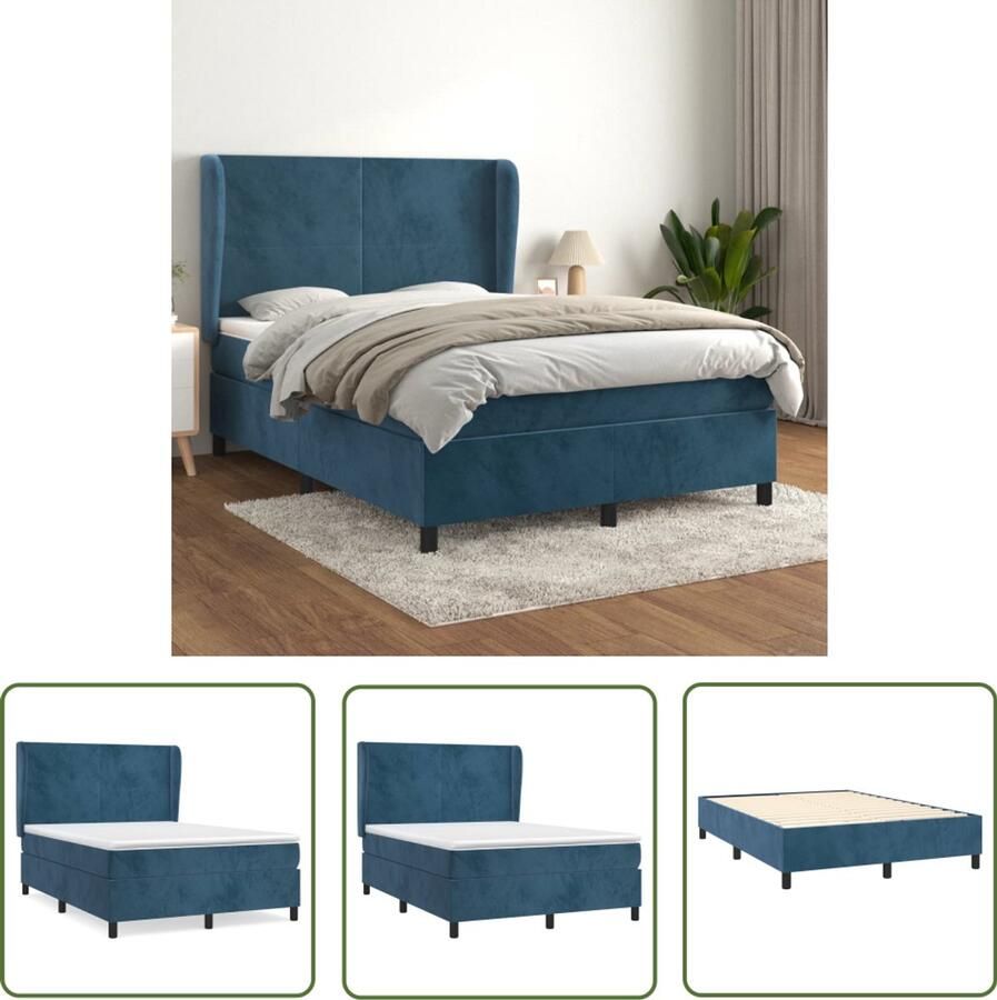 VidaXL Boxspring Fluweel Donkerblauw 140x200 cm Boxspringbed Fluweel Bed Tweepersoons Bed Donkere Blauwe Kamer Slaapkamer Meubilair Boxspring Frame Pocketed Spring Mattress Medium Firm Mattress
