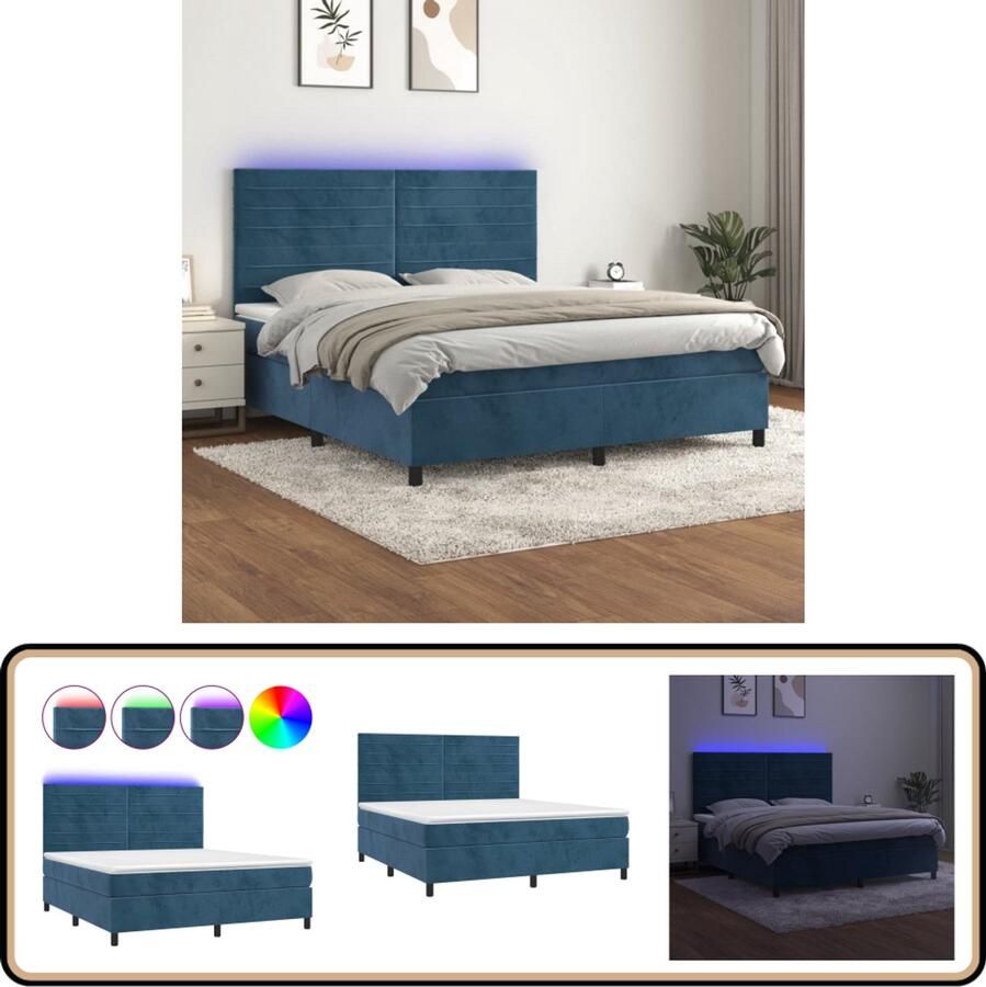 VidaXL Boxspring Fluweel Donkerblauw 160x200 cm Boxspring Donkere Kleuren Led Lampen Velvet Hoofdbord Verstelbaar