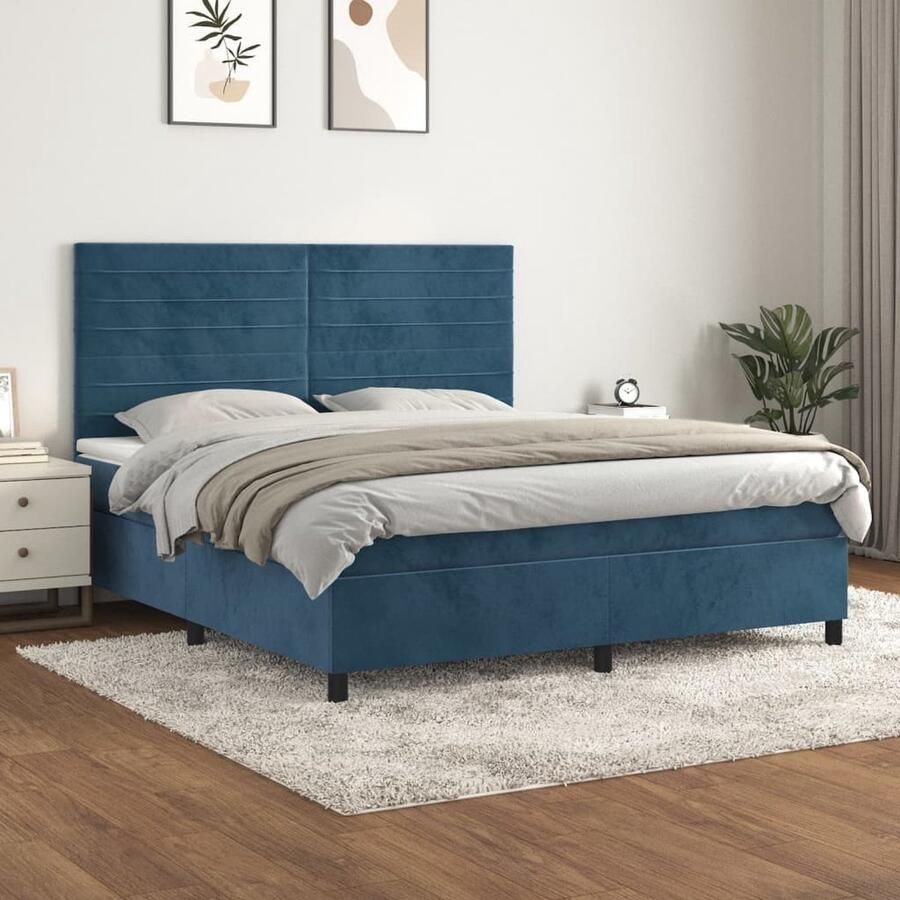 VidaXL Boxspring Fluweel Donkerblauw 160x200 cm Boxspringbed Donkere Kleuren Velvet Bed Tweepersoonsbed Pocketveer Matras Middelhard Matras Slaapkamer Meubilair - Foto 2