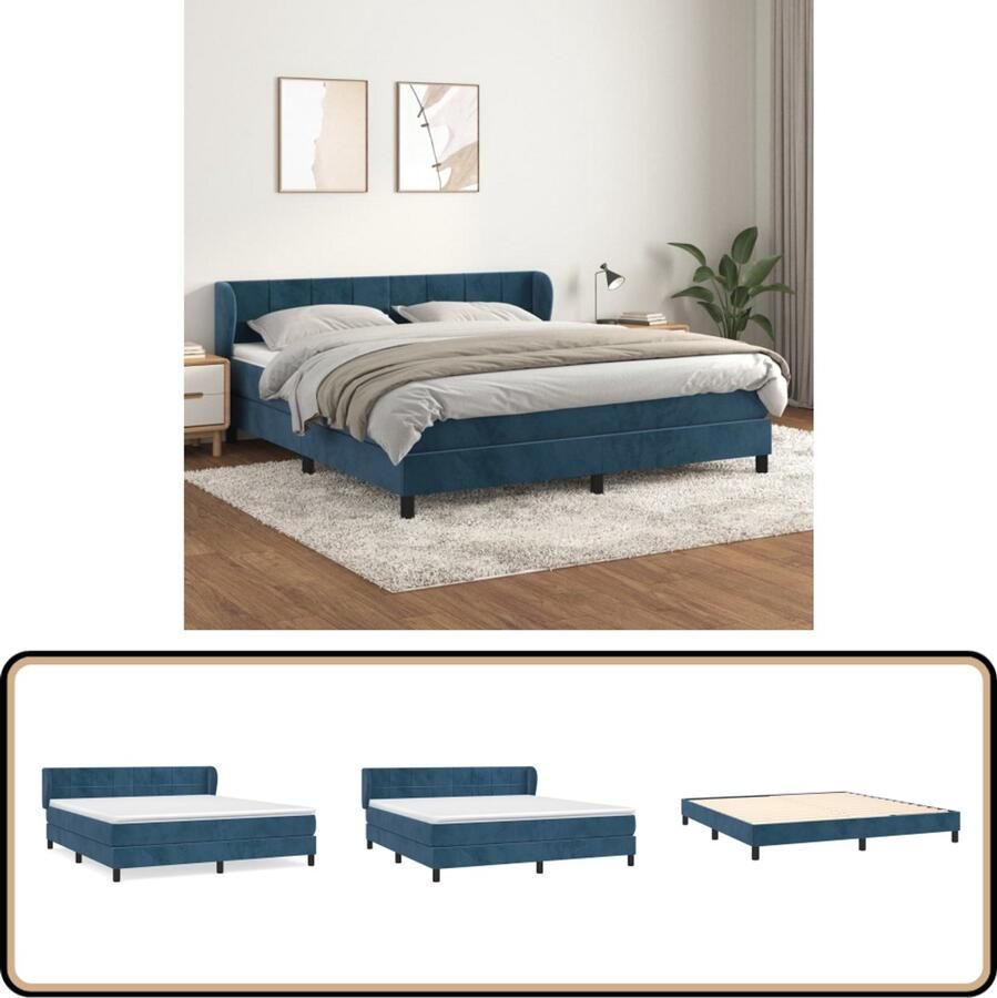 VidaXL Boxspring Fluweel Donkerblauw 160x200 cm Boxspringbed Donkere Kleuren Velvet Bed Tweepersoons Bed Pocketveer Matras Middelhard Matras Hoofdbord