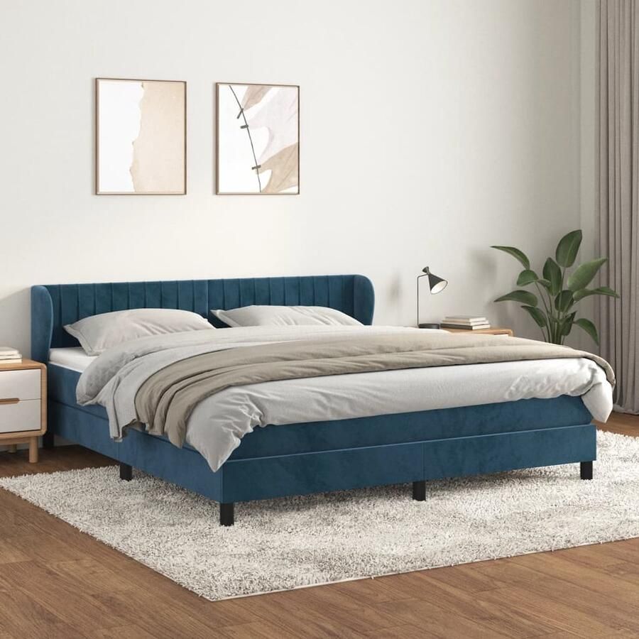VidaXL Boxspring Fluweel Donkerblauw 160x200 cm Boxspringbed Fluweel Bed Donkerblauw Bed Tweepersoonsbed Adjustable Headboard Pocketveer Matras Medium Hard Mattress Boxspring - Foto 2