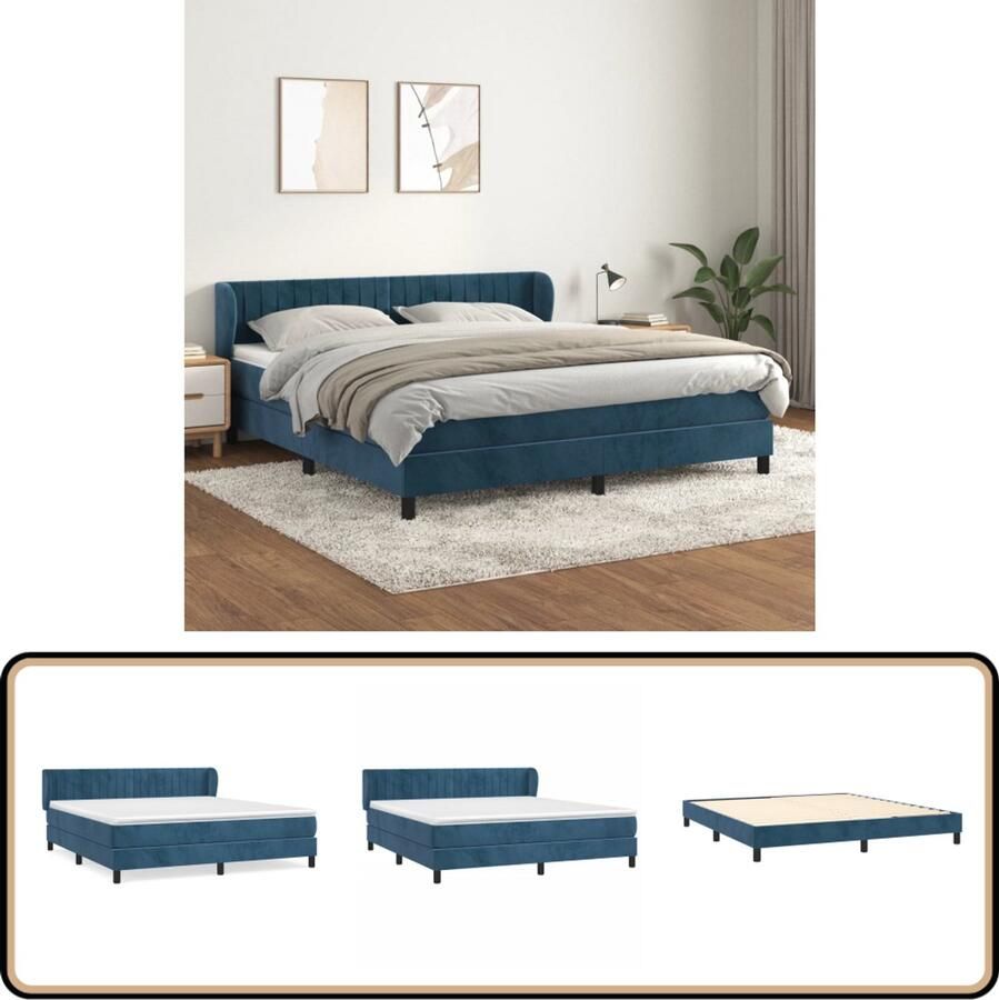 VidaXL Boxspring Fluweel Donkerblauw 160x200 cm Boxspringbed Fluweel Bed Donkerblauw Bed Tweepersoonsbed Adjustable Headboard Pocketveer Matras Medium Hard Mattress Boxspring