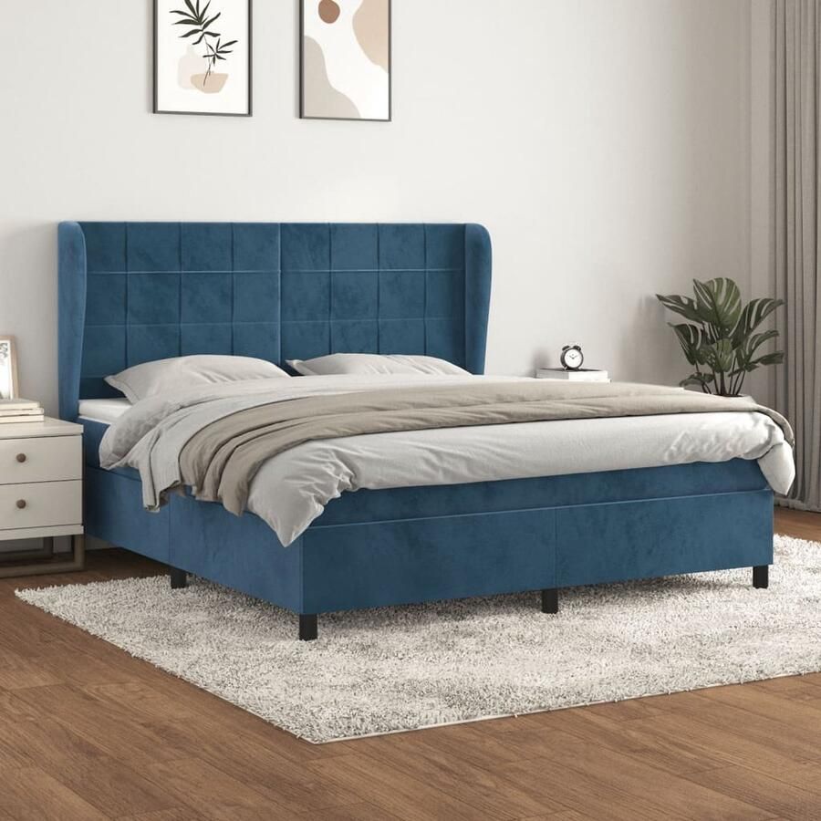 VidaXL Boxspring Fluweel Donkerblauw 160x200 cm Boxspringbed Fluweel Bed Donkere Kleuren Bed Tweepersoons Bed Pocketveer Matras Middelhard Matras Hoofdbord - Foto 2