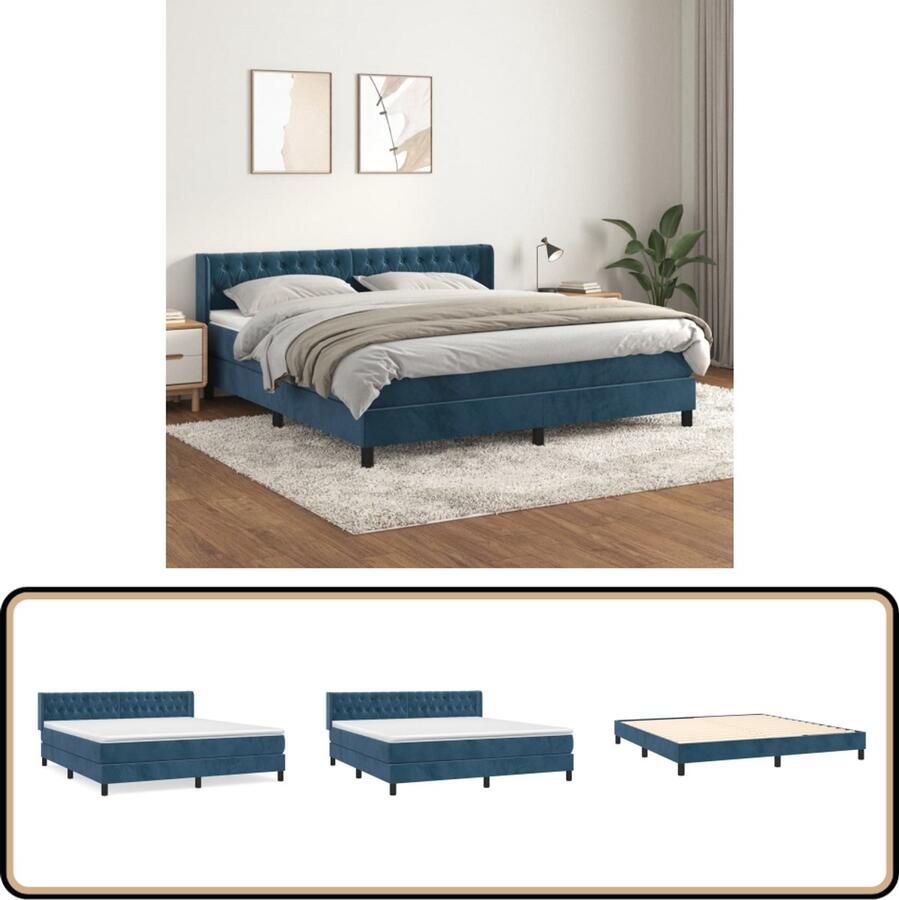 VidaXL Boxspring Fluweel Donkerblauw 160x200 cm Boxspringbed Velvet Bed Donkere Blauwe Bed Tweepersoonsbed Pocketveer Matras