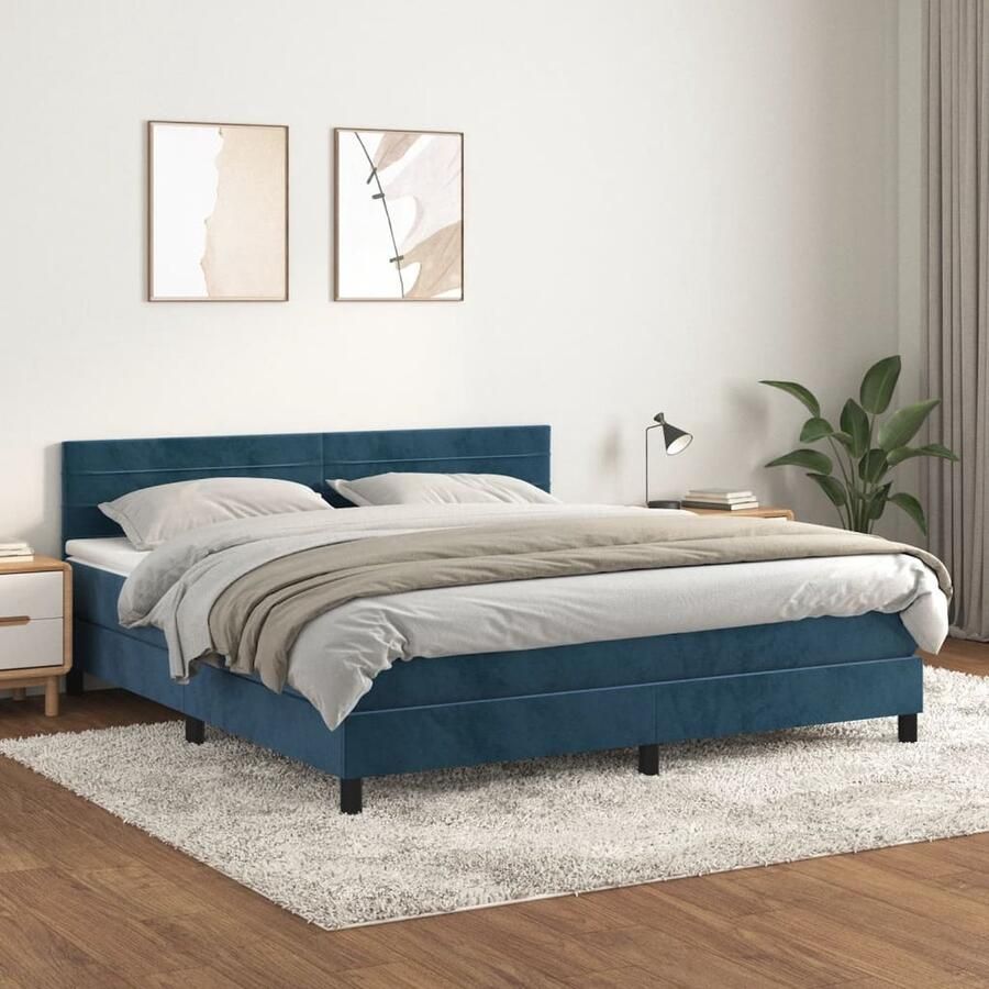 VidaXL Boxspring Fluweel Donkerblauw 160x200 cm Boxspringbed Velvet Bed Tweepersoonsbed Donkere Kleuren Hoofdbord Pocketveer Matras Middelhard Matras Luxe Bed - Foto 2