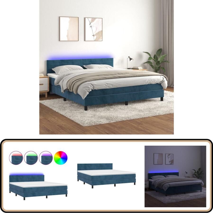 VidaXL Boxspring met LED Fluweel Donkerblauw 160x200 cm Boxspring Donkere Kleuren Led Verlichting Velvet Slaapcomfort Tweepersoonsbed Slaapkamers