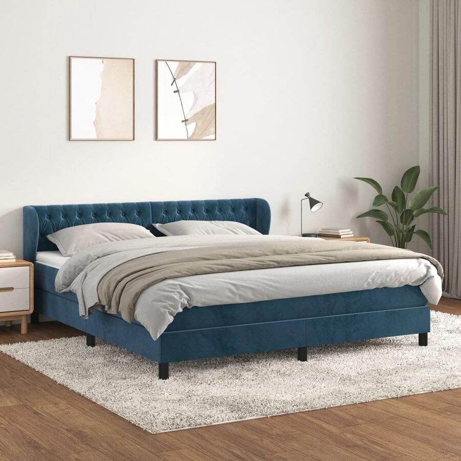 VidaXL Boxspring Fluweel Donkerblauw 180x200 cm Boxspringbed Fluweel Bed Donkere Kleuren Bed Tweepersoons Bed Luxe Bed Boxspring Pocketed Veren Matras Hoofdbord Ergonomisch Bed - Foto 2