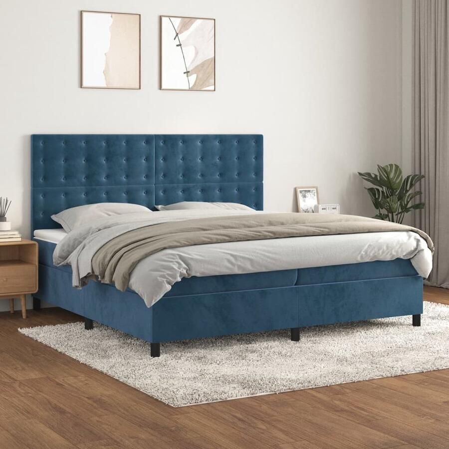 VidaXL Boxspring Fluweel Donkerblauw 200x200 cm Boxspring Bed Donkere Kleuren Velvet Bed Tweepersoons Bed Pocketveer Matras Middenhard Matras Luxe Bed - Foto 2