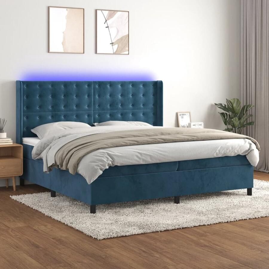 VidaXL Boxspring Fluweel Donkerblauw 200x200 cm Boxspring Velvet Blauw Tweepersoonsbed Led Lamp Pocketed Spring Mattress - Foto 2