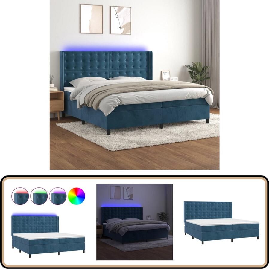 VidaXL Boxspring Fluweel Donkerblauw 200x200 cm Boxspring Velvet Blauw Tweepersoonsbed Led Lamp Pocketed Spring Mattress