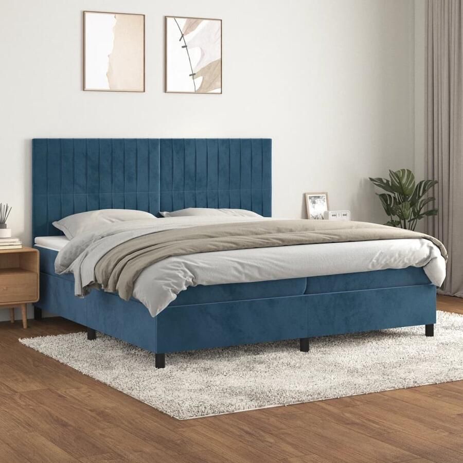VidaXL Boxspring Fluweel Donkerblauw 200x200 cm Boxspringbed Boxsprings Tweepersoonsbed Velvet Bed Hoofdboard Pocketveermatras Medium Hard Mattress Slaapkamer Meubilair - Foto 2