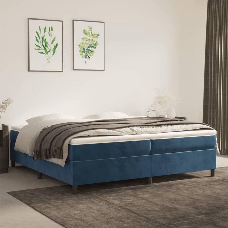 VidaXL Boxspring Fluweel Donkerblauw 200x200 cm Boxspringbed Donkere Kleuren Velvet Pocketveer Matras Middelhard Slaapkamer Meubilair - Foto 2