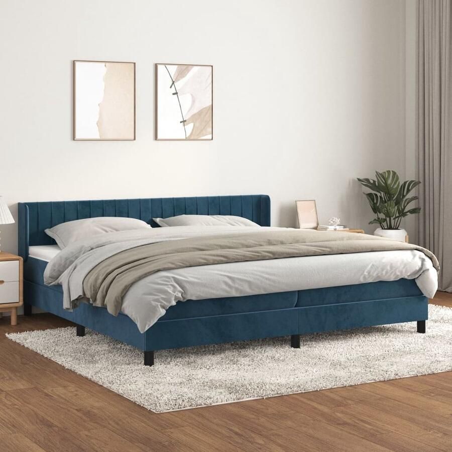 VidaXL Boxspring Fluweel Donkerblauw 200x200 cm Boxspringbed Fluweel Bed Donkere Blauwe Bedden Tweepersoons Bed Verstelbare Hoofdbord Pocketveer Matras Middelhard Matras Luxe Bed - Foto 2