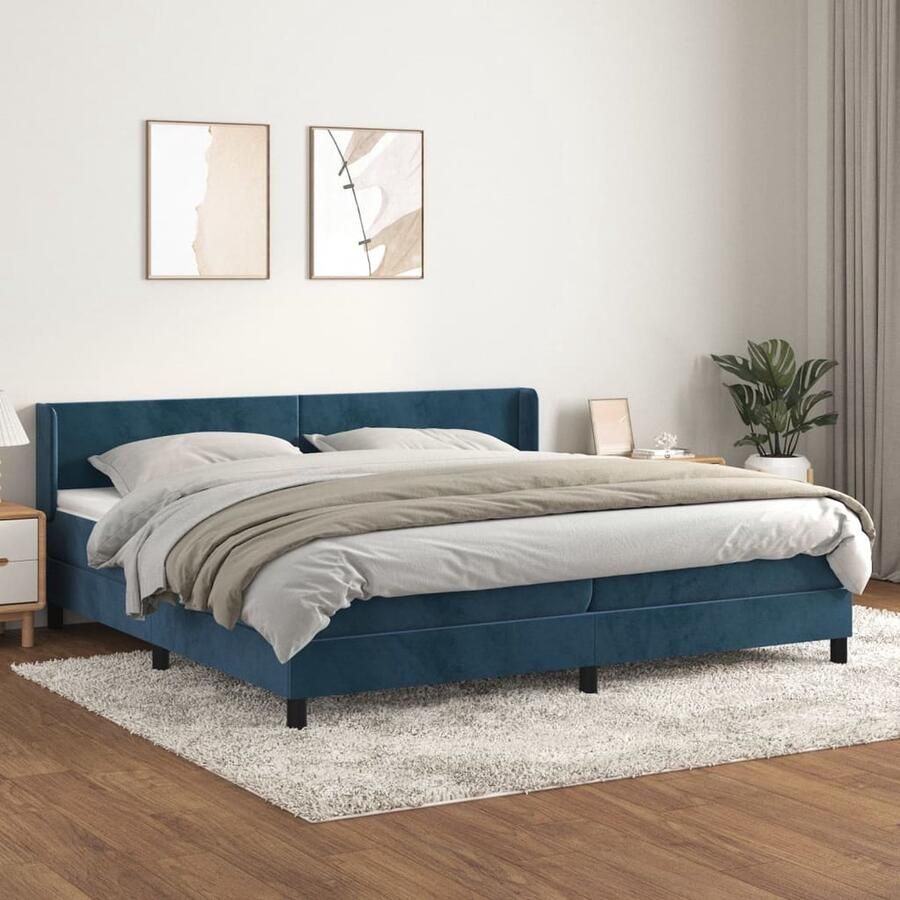 VidaXL Boxspring Fluweel Donkerblauw 200x200 cm Boxspringbed Fluweel Bed Tweepersoons Bed Hoofdbord Pocketveer Matras Middelhard Matras Blauw Bed - Foto 2