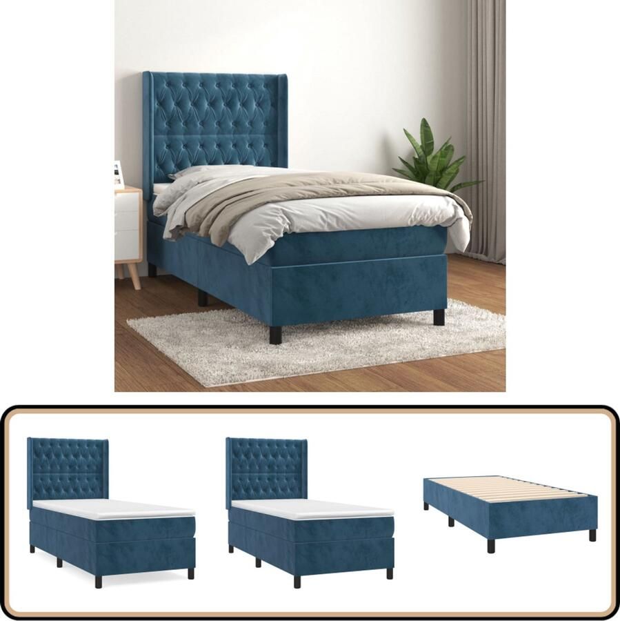 VidaXL Boxspring Fluweel Donkerblauw 90x190 cm Boxspringbed Donkere Kleuren Velvet Bed Slaapcomfort Pocketed Spring Mattress Middenhard Matras Hoofdbord Frame Bed