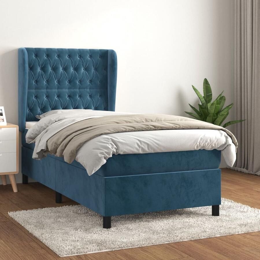 VidaXL Boxspring Fluweel Donkerblauw 90x190 cm Boxspringbed Donkere Kleuren Velvet Tweepersoonsbed Pocketed Veren Hoofdbord Nachtmeubilair Slaapkamerdecoratie - Foto 2