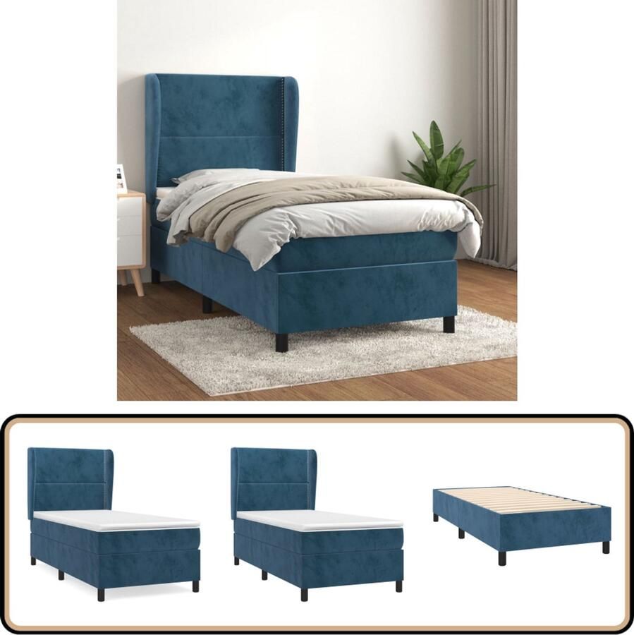 VidaXL Boxspring Fluweel Donkerblauw 90x190 cm Boxspringbed Fluweel Bed Donkerblauw Bed Verstelbare Hoofdbord Pocketvering Matras Middenhard Matras Luxe Bed