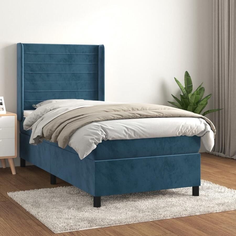 VidaXL Boxspring Fluweel Donkerblauw 90x190 cm Boxspringbed Tweepersoonsbed Velvet Bed Donkere Blauwe Bed Boxspring Frame Pocketed Spring Mattress Medium Firm Mattress Adjustable Headboard - Foto 2