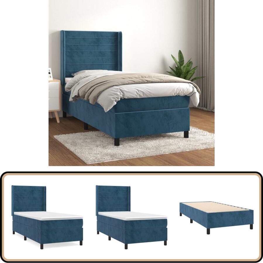 VidaXL Boxspring Fluweel Donkerblauw 90x190 cm Boxspringbed Tweepersoonsbed Velvet Bed Donkere Blauwe Bed Boxspring Frame Pocketed Spring Mattress Medium Firm Mattress Adjustable Headboard