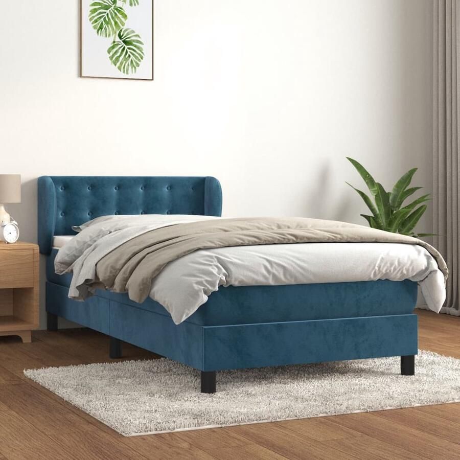 VidaXL Boxspring Fluweel Donkerblauw 90x200 cm Boxspringbed Fluweel Bed Donkere Kleuren Bed Tweepersoons Bed Hoofdbord Pocketveer Matras Middelhard Matras - Foto 2