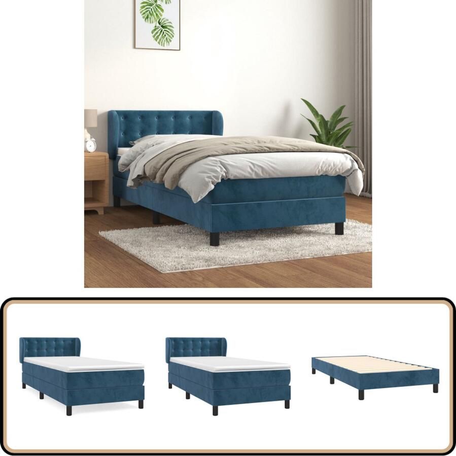 VidaXL Boxspring Fluweel Donkerblauw 90x200 cm Boxspringbed Fluweel Bed Donkere Kleuren Bed Tweepersoons Bed Hoofdbord Pocketveer Matras Middelhard Matras