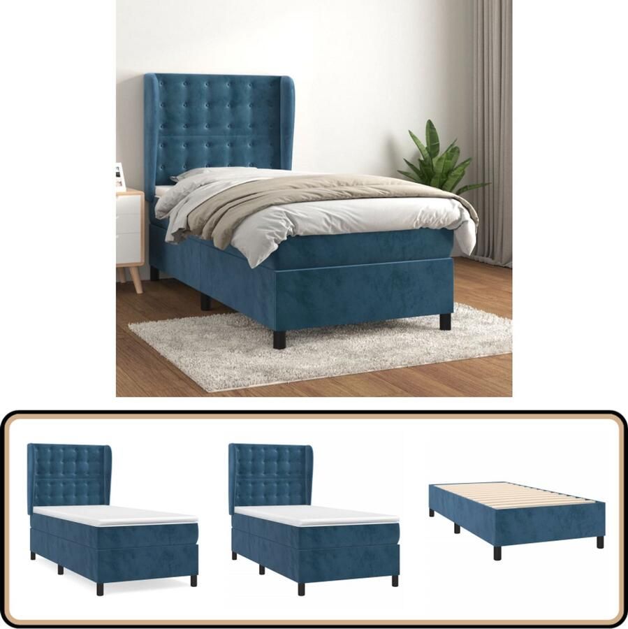 VidaXL Boxspring Fluweel Donkerblauw 90x200 cm Boxspringbed Fluweel Bed Donkere Kleuren Bed Tweepersoons Bed Boxspring Frame Middenhard Matras Hoofdbord Adjustable
