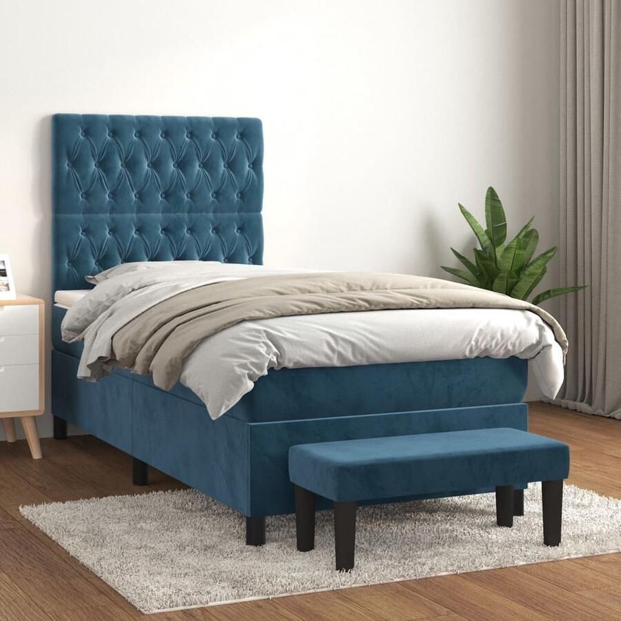 VidaXL Boxspring fluweel donkerblauw 100x200 cm Boxspringbed Donkere Kleuren Velvet Hoogteverstelbare Hoofdbord Pocketvering Middelhard Matras Huidgevend Topmatras Multifunctionele Bank - Foto 2