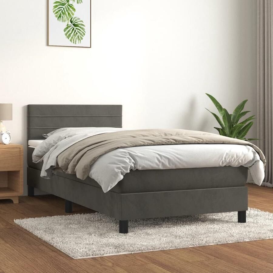The Living Store Bed Donkergrijs Fluweel 203x100x78 88 cm Pocketvering Middelharde ondersteuning Boxspring Donkere Kleuren Velvet Bed Tweepersoonsbed Pocketed Spring Mattress