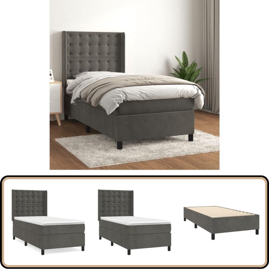 VidaXL Boxspring Fluweel Donkergrijs 100x200 cm Boxspringbed Boxsprings Velvet Bed Grijs Bed Tweepersoonsbed