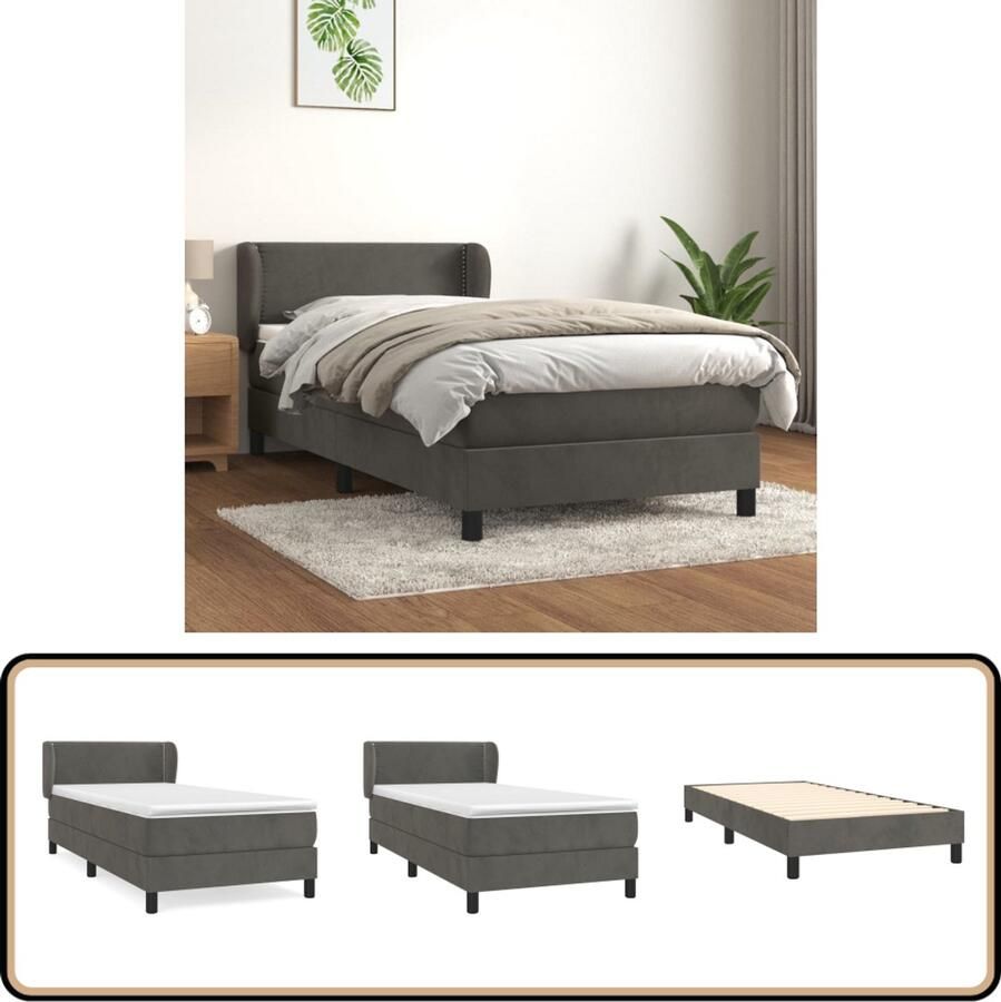 VidaXL Boxspring Fluweel Donkergrijs 100x200 cm Boxspringbed Fluweel Bed Donkere Grijze Bed Tweepersoons Bed Hoofdbord