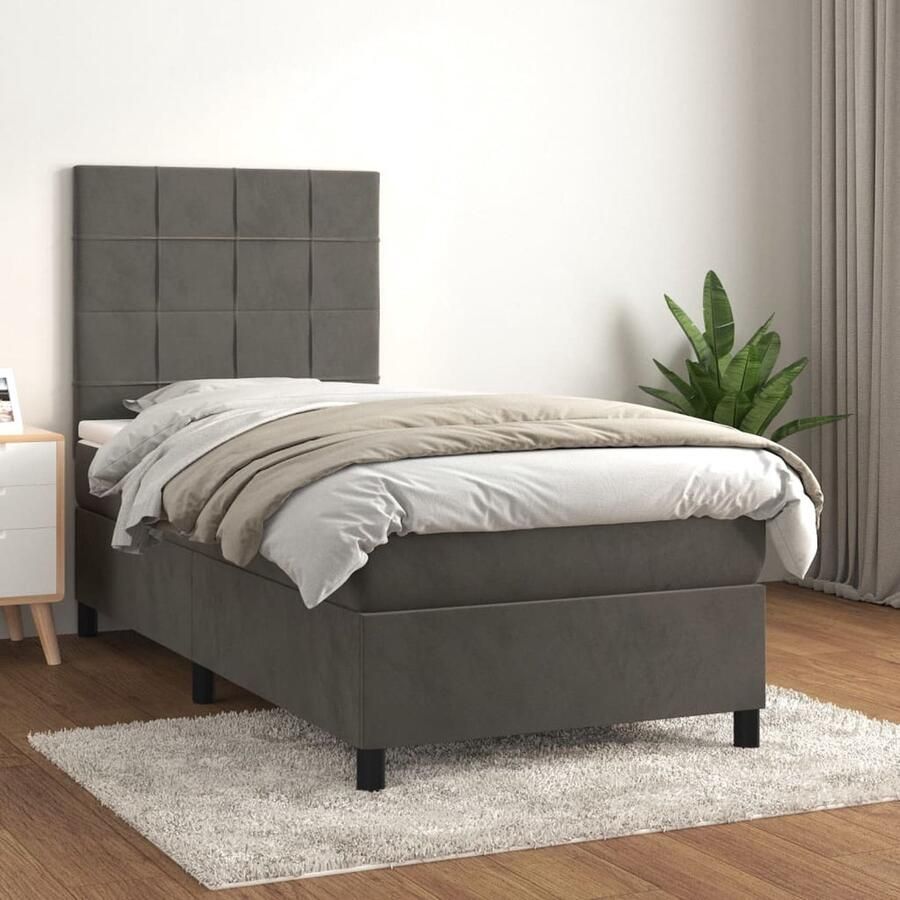 VidaXL Boxspring Fluweel Donkergrijs 100x200 cm Boxspringbed Fluweel Bed Tweepersoons Bed Grijs Bed Boxspring Slaapkamer Meubilair Hoofdbord Pocketvering - Foto 2