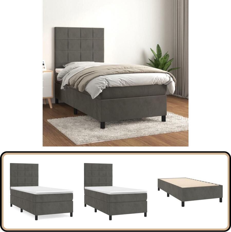 VidaXL Boxspring Fluweel Donkergrijs 100x200 cm Boxspringbed Fluweel Bed Tweepersoons Bed Grijs Bed Boxspring Slaapkamer Meubilair Hoofdbord Pocketvering