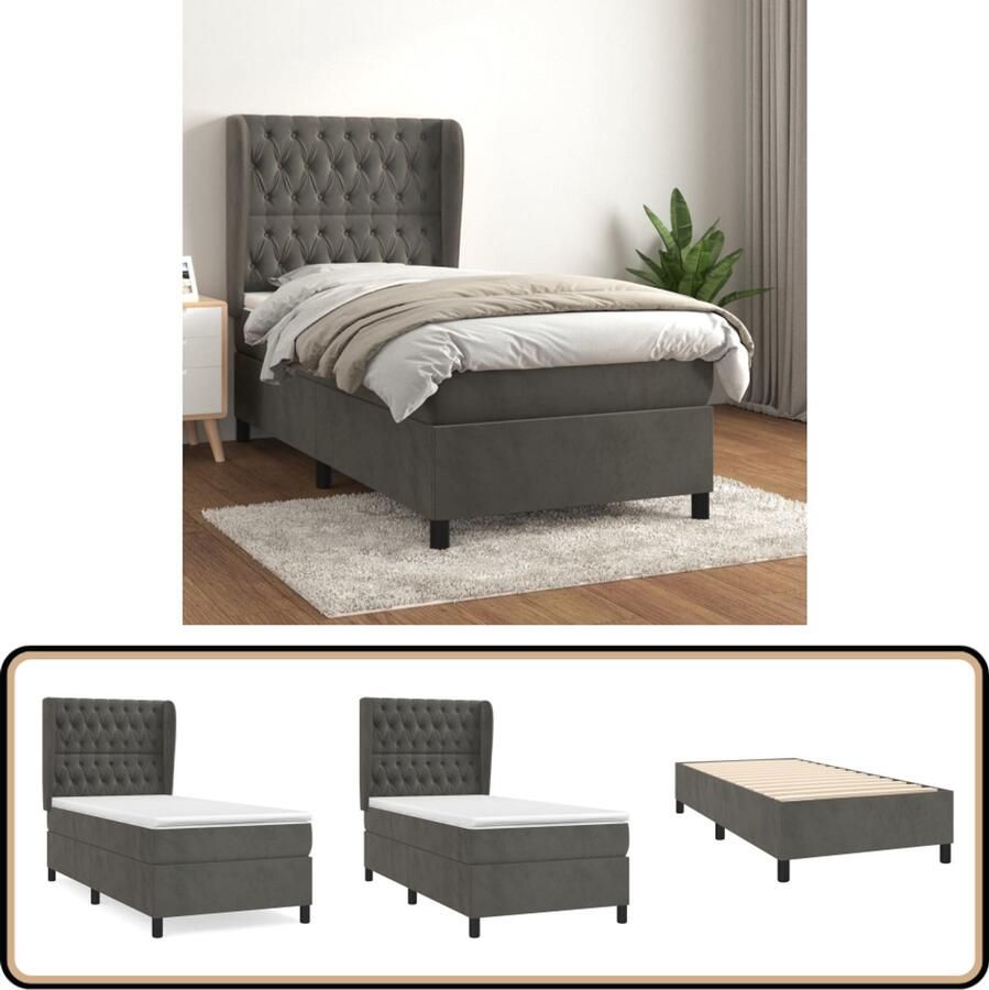 VidaXL Boxspring Fluweel Donkergrijs 90x190 cm Boxspringbed Donkere Kleuren Velvet Bed Tweepersoonsbed Pocketveer Matras Middenhard Matras Hoofdbord