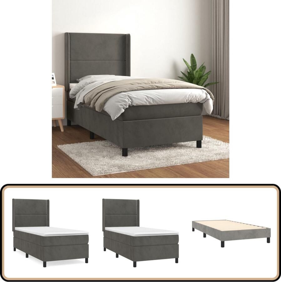 VidaXL Boxspring Fluweel Donkergrijs 100x200 cm Boxspringbed Tweepersoonsbed Velvet Bed Donkere Kleuren Houten Frame Luxe Bed Slaapkamer Meubilair