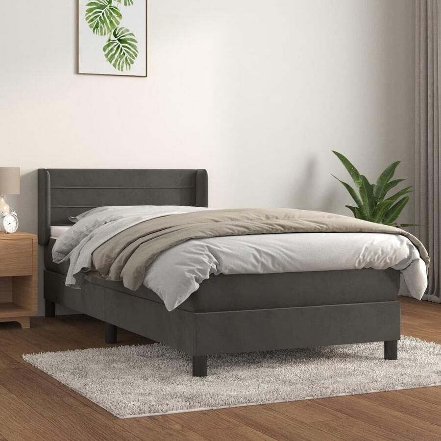 The Living Store Boxspring met matras fluweel donkergrijs 100x200 cm Boxspring Tweepersoonsbed Velvet Bed Comfortabel Bed Grijs Bed