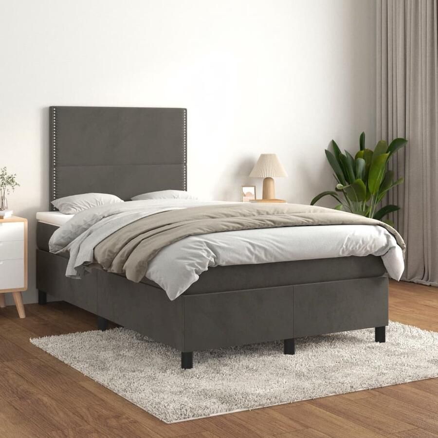 VidaXL Boxspring Fluweel Donkergrijs 120x200 cm Boxspringbed Donkere Kleuren Velvet Bed Tweepersoons Bed Pocketveer Matras Hoofdbord Slaapkamer Meubilair