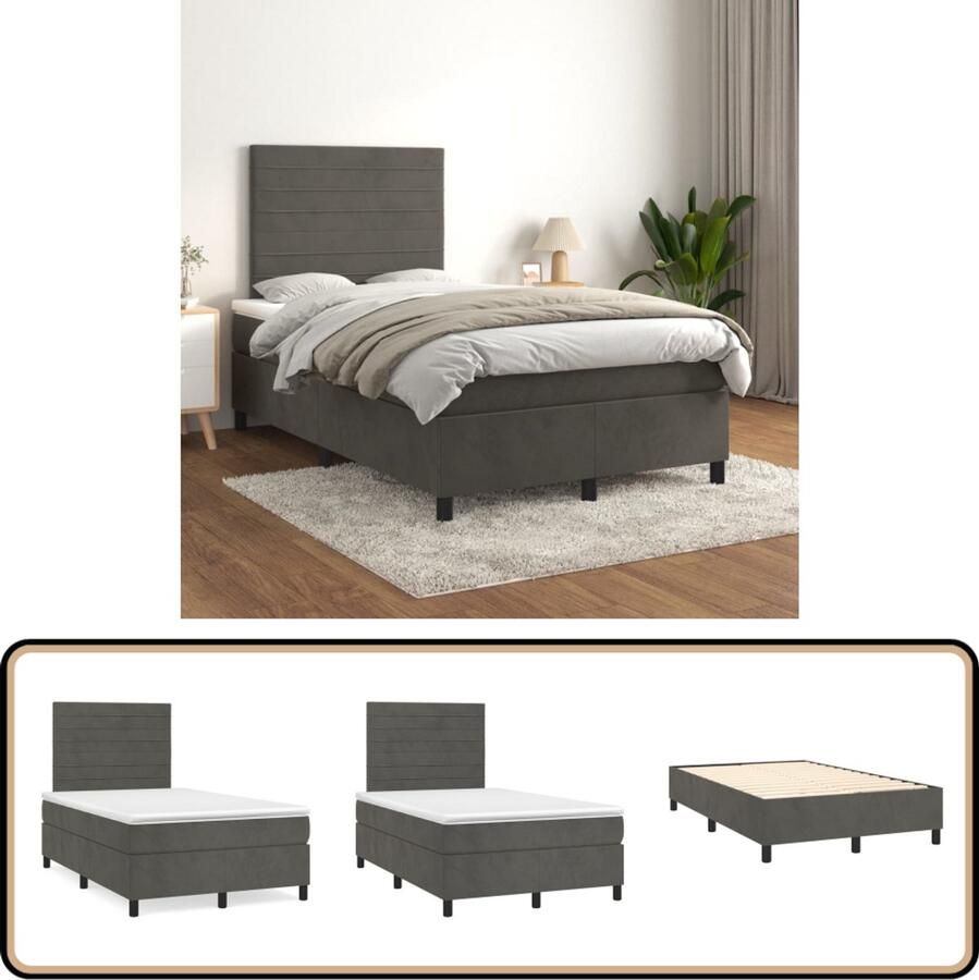 VidaXL Boxspring Fluweel Donkergrijs 120x200 cm Boxspringbed Donkere Kleuren Velvet Tweepersoonsbed Hoofdbord Pocketvering Middenhard