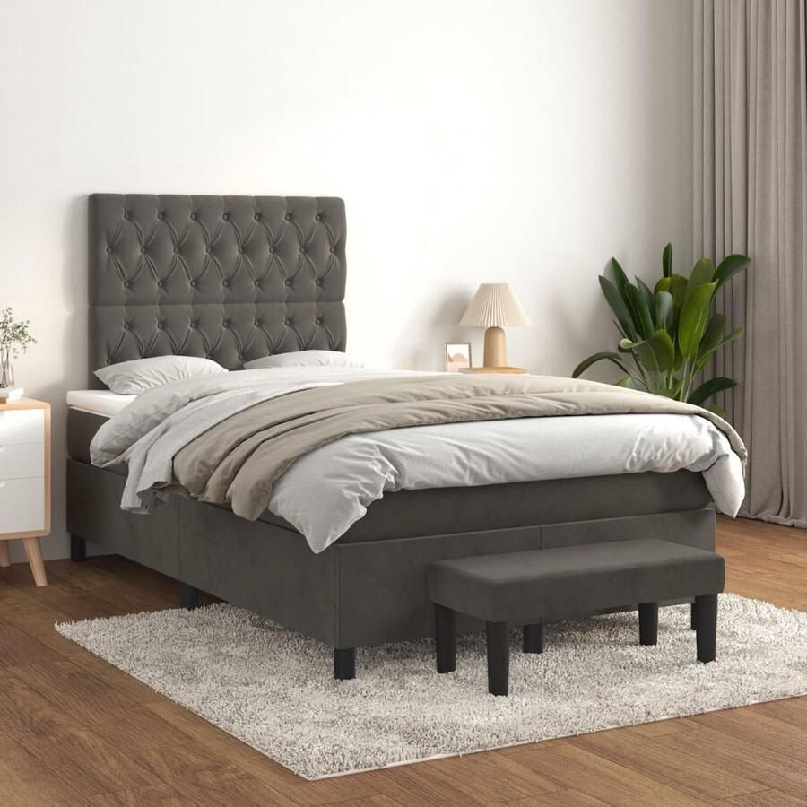 VidaXL Boxspring Fluweel Donkergrijs 120x200 cm Boxspringbed Tweepersoonsbed Velvet Bed Grijs Bed Boxspring Frame Hoofdbord Pocketveer Matras Middelhard Matras Luxe Bed - Foto 2
