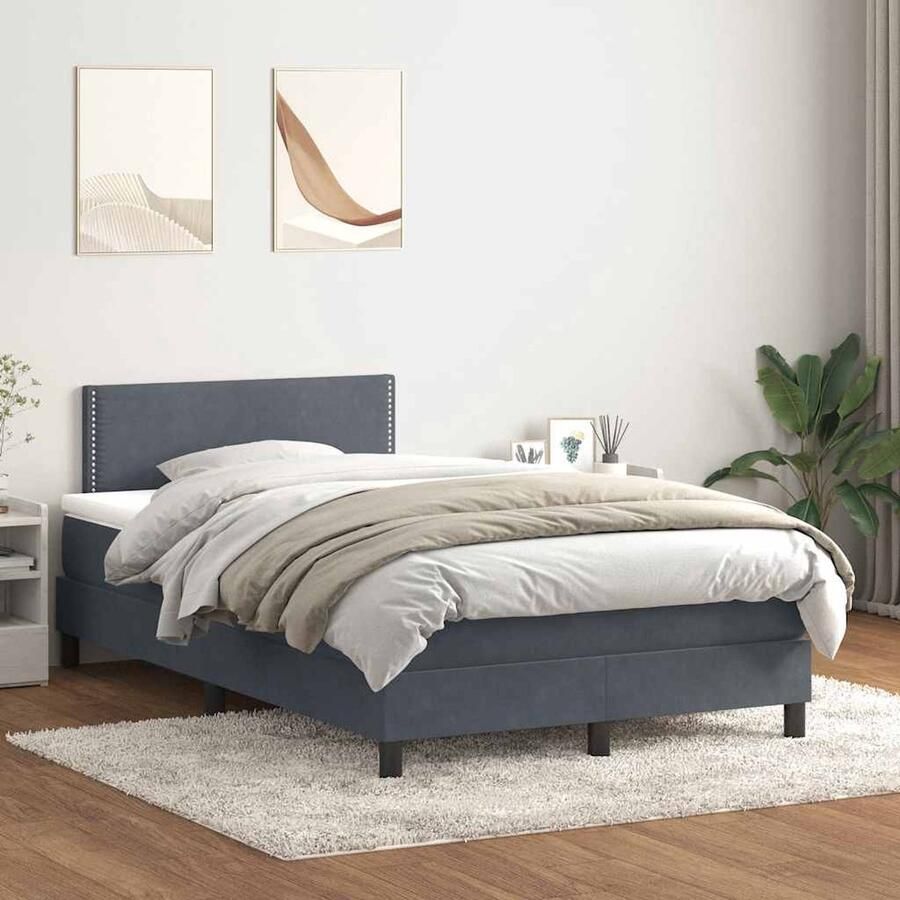 VidaXL Boxspring Fluweel Donkergrijs 120x210 cm Boxspring Bed Donkere Kleuren Fluweel Tweepersoonsbed Kingsize Bed Moderne Slaapkamer Hoogwaardig Matras Pocketvering Comfort Gemakkelijke Montage - Foto 2